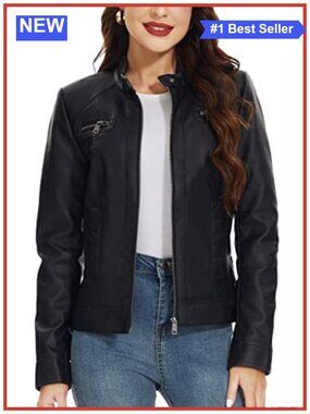 Women's Faux Leather Jacket Zip Up Moto Biker Slim Fit Coat